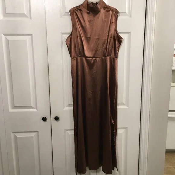 Women's Brown Satiny Mock Neck Maxi Dress - Picture 2 of 6